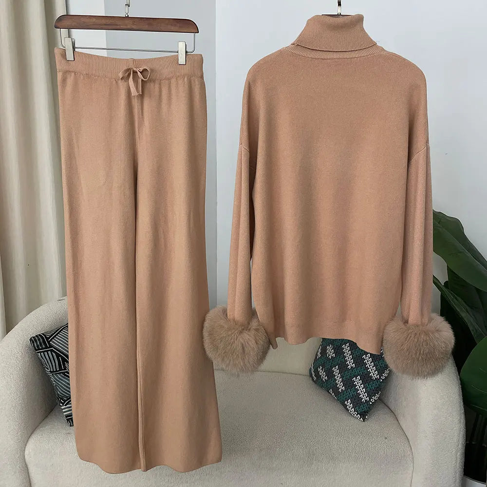 2024 New Fashion Autumn Winter Natural Real Fox Fur Cuffs Coat Knitted Sweater Women Long Pants Set Jacket Thick Warm