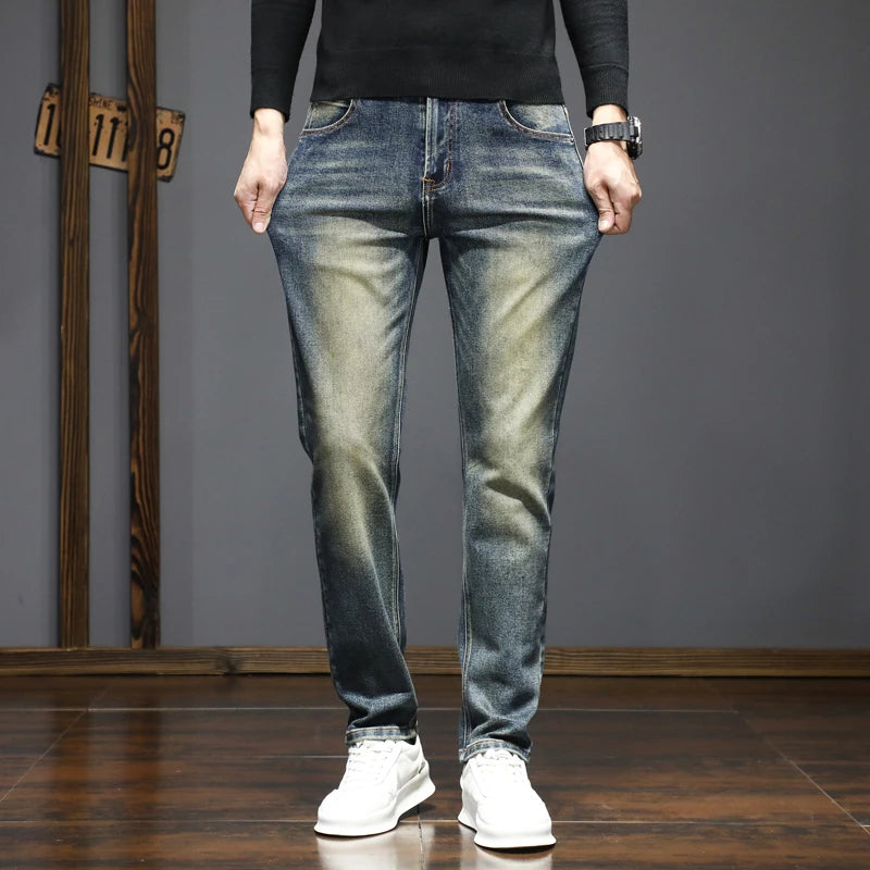 High-quality American retro jeans men's 2025 autumn new micro-elastic popular wear-resistant wash slim straight pants