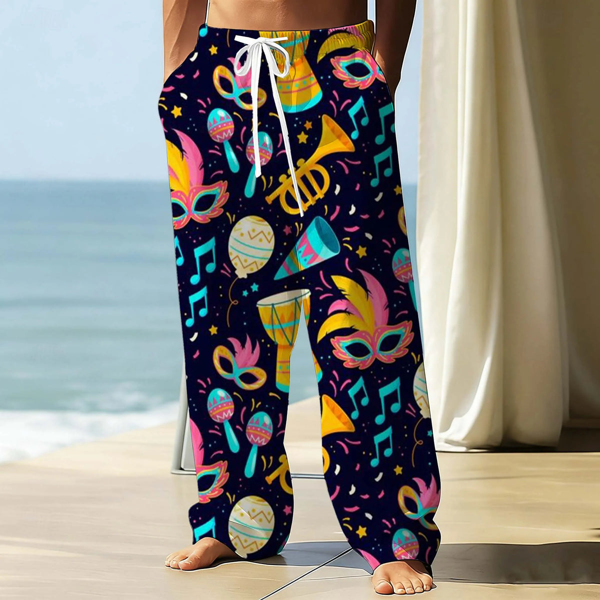 Mardi Gras Men's Pants Carnival mask Graphic Print With Drawstring Pockets Summer Casual Fall Outdoor Stylish thin Men Pants