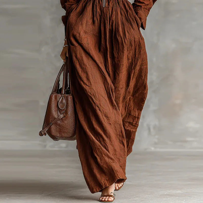 Women Lapel Zip Cargo Pocket Long Dress New Spring Solid Cotton Linen Maxi Dress Fall Long Sleeve Elastic Waist Loose Boho Dress