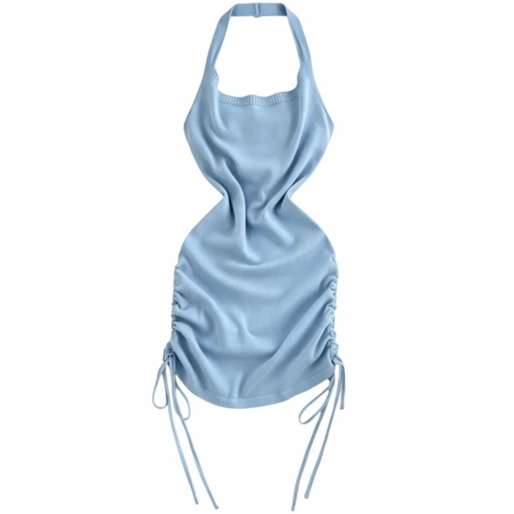 Solid Color Halter Neck Dress Ruched Side Drawstring Bodycon Dress Stretchy Knit Sleeveless Design Sundress Women Summer Wear