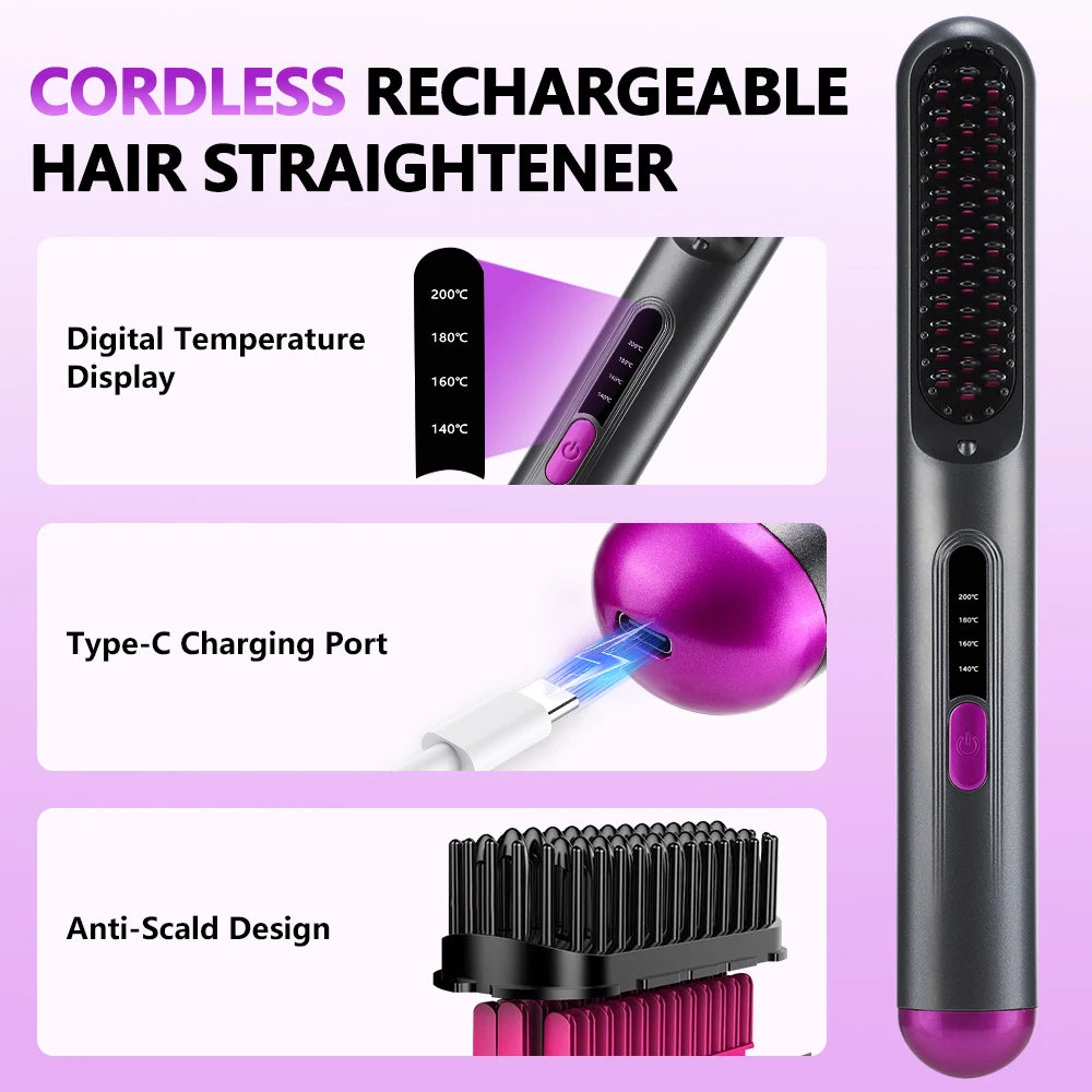 Cordless Hair Straightener 4 Temp LCD Display Anti-scald Hair Straightening Brush Portable Rechargeable Hair Styler Travel Women