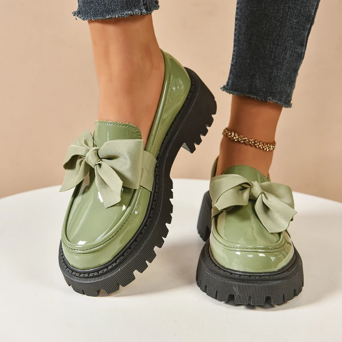 Women's British Style Loafers bowknot Chunky Heel Leather Flats Autumn Slip-On Shoes Versatile Work Shoes Platform Oxford 636