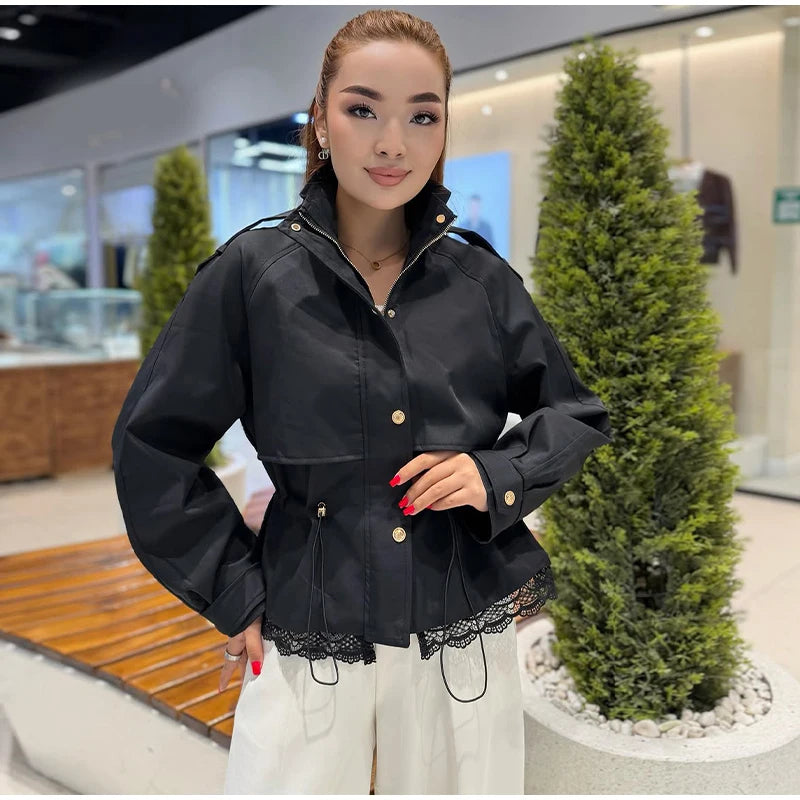Lapel Women's Outerwear Waist Cinching Belted Jacket Drop Shoulder Cropped Cargo Trench Coat Meilaid Style Daily Fashion Wear