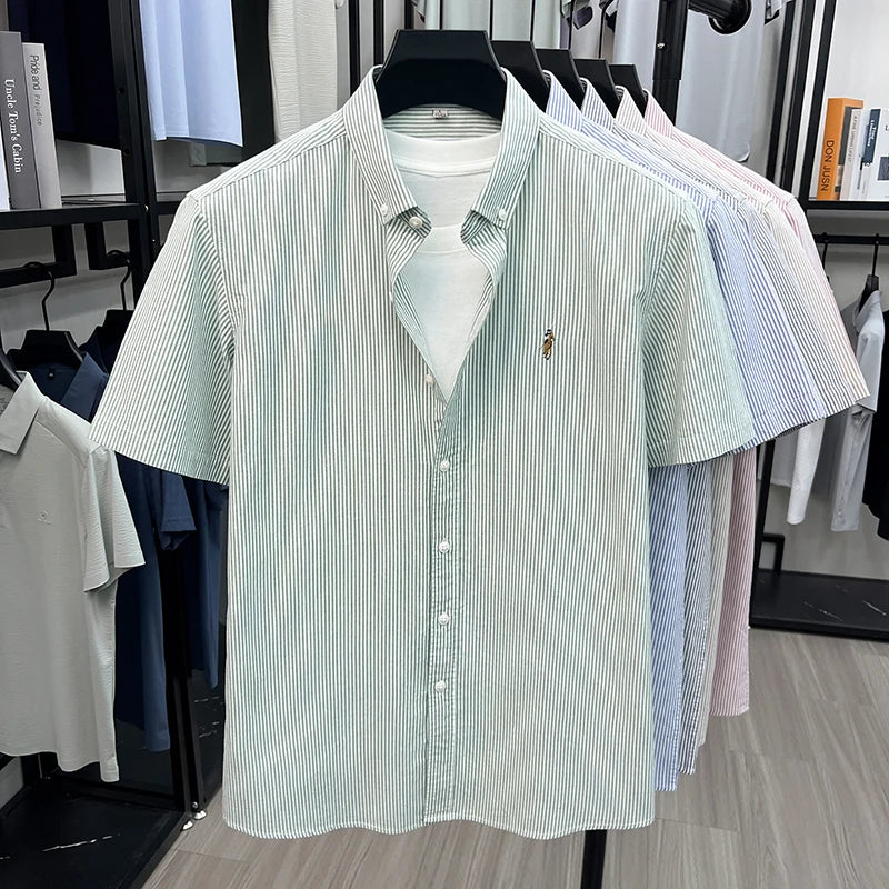 100% Pure Cotton Short Sleeved Shirt 2026 Summer New Men's Button Up Lapel Fine Stripe Middle-aged and Young Half Sleeved Shirt