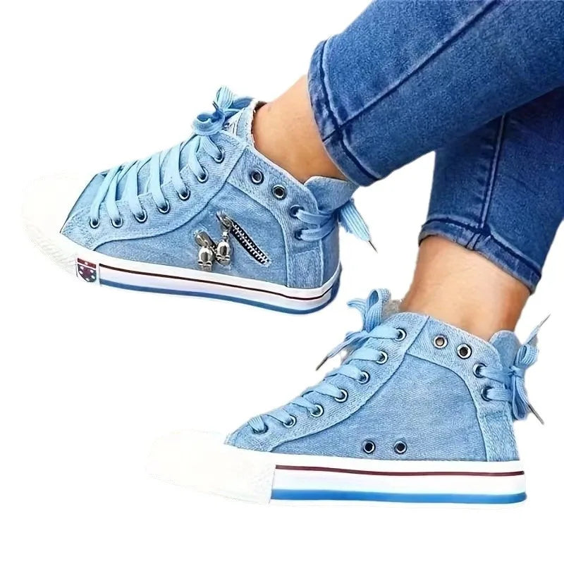 Denim Canvas Sneakers Women Slip On Light Blue Retro Skull Platform High Top Sneakers Ladies 2025 Spring Vulcanized Shoes Woman