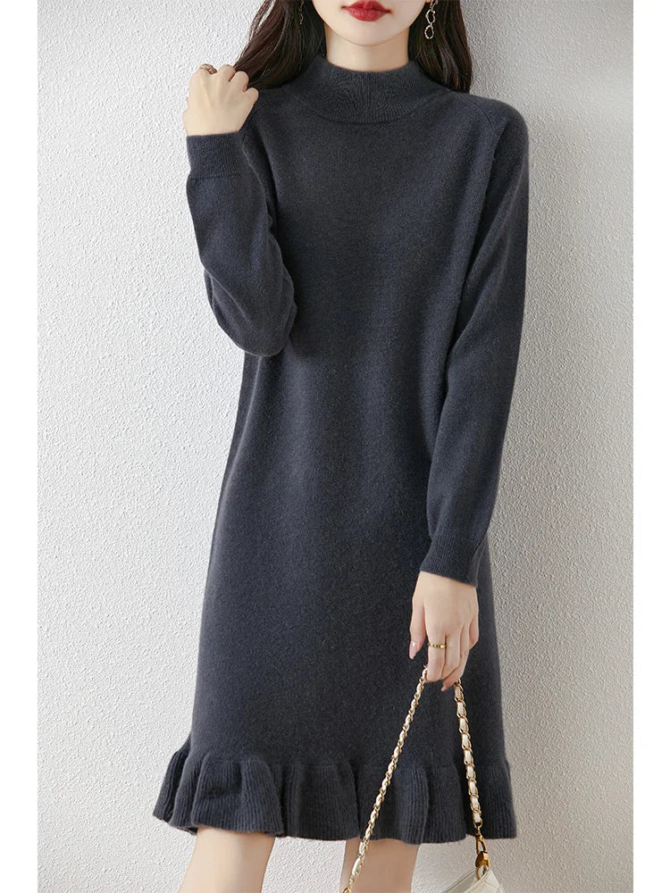 Women's Pure Wool Knitted Dress, High Collar, Pleated, Casual, Fashionable, Warm, 2024 Autumn And Winter