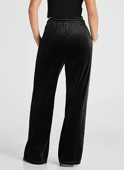 Women's High Waist Velvet Wide Leg Pants Drawstring Elastic Waist Loose Casual Trousers Autumn Winter Solid Color Long Pants B