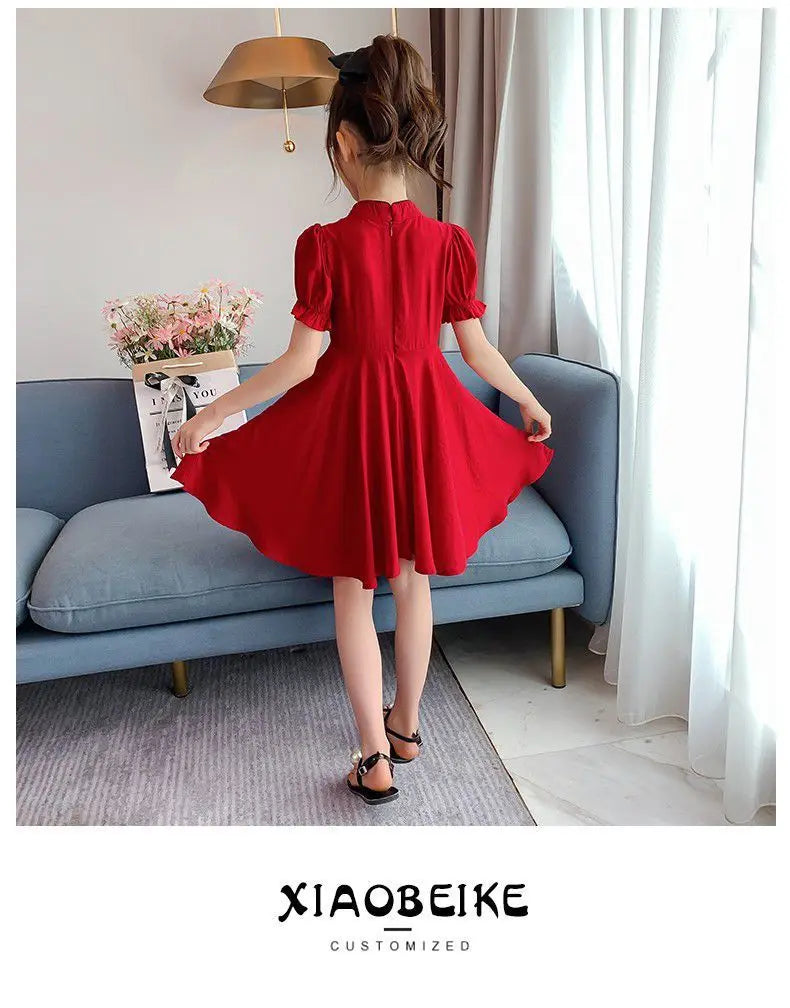 2026 Kids Girls Solid Chinese Red Cheongsam Qipao Princess Teenager New Year Dresses Clothing 4 7 8 9 10 12 14 Years