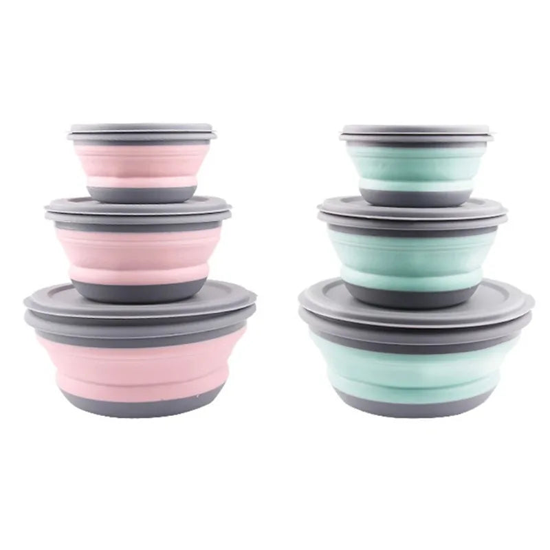 Portable Folding Lunch Box Bowl Sets Silicone 3Pcs/Set Food Container Outdoor Camping Tableware Set Foldable Salad Bowl with Lid