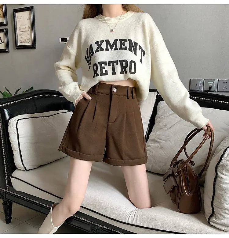Women Office Lady Summer 2025 Solid Brown Thick High Waist Shorts Korean Style Wide Leg Boot Pants