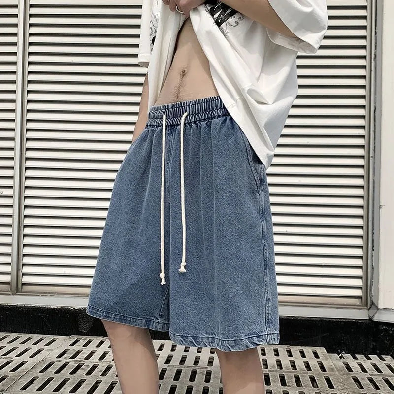 New Men's Fashion Vintage Jeans Summer Loose Casual Male Wide Leg Knee Length Shorts Washed Short Denim Pants Male Streetwear