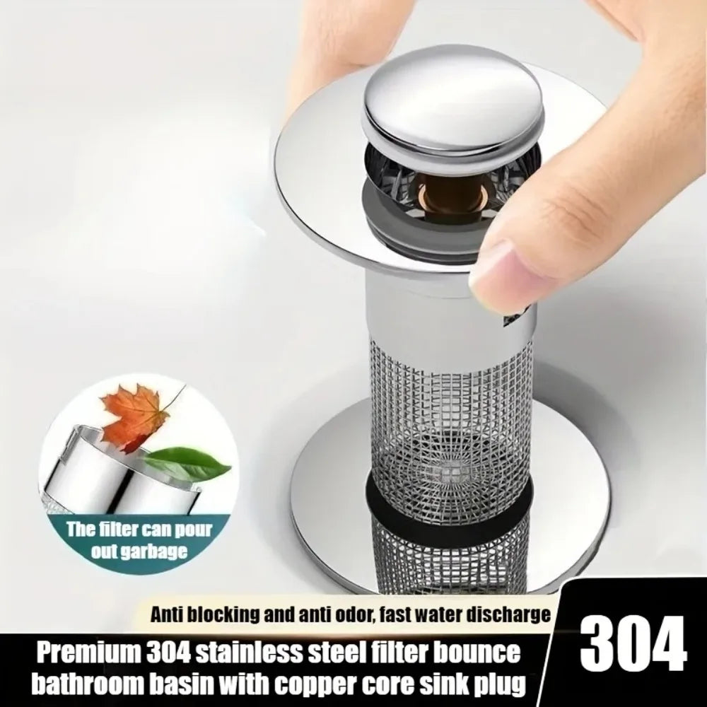 Stainless steel filter washbasin leak proof plug bathroom kitchen sink floor drain plug, equipped with copper core rebound valve