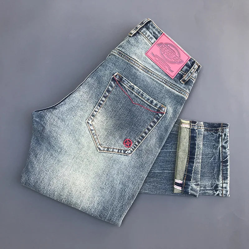 New Trendy Brand Jeans for Men Spring Autumn Slim Fit Small Feet Elastic Water Washed Retro Trendy Casual Long Pants