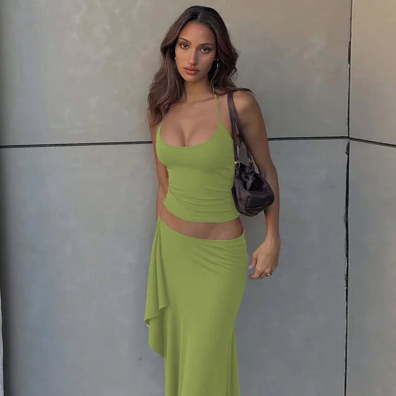 Hugcitar Fashion 2 Pcs Sets Halter Solid Backless Lace Up Sexy Crop Tank Top Ruched Maxi Skirt Women Outfit Beach Vacation Sport