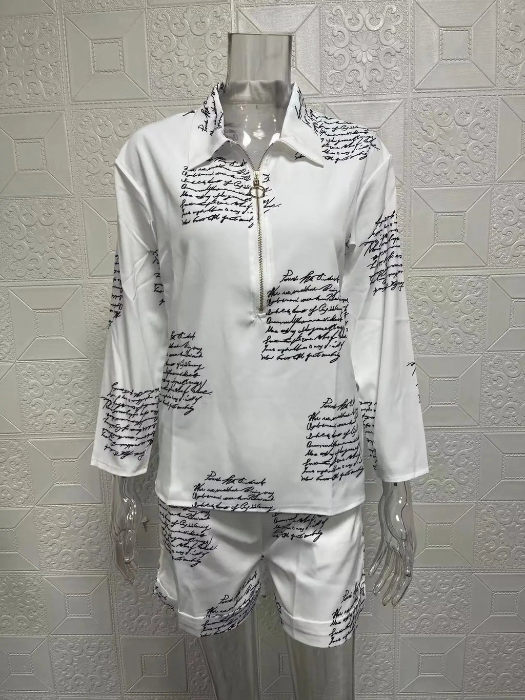 Summer Women's Letter Print Shirts Two Piece Sets Casual Turn-down Neck Long Sleeve Zipper Blouses Shorts Suits Loose Streetwear