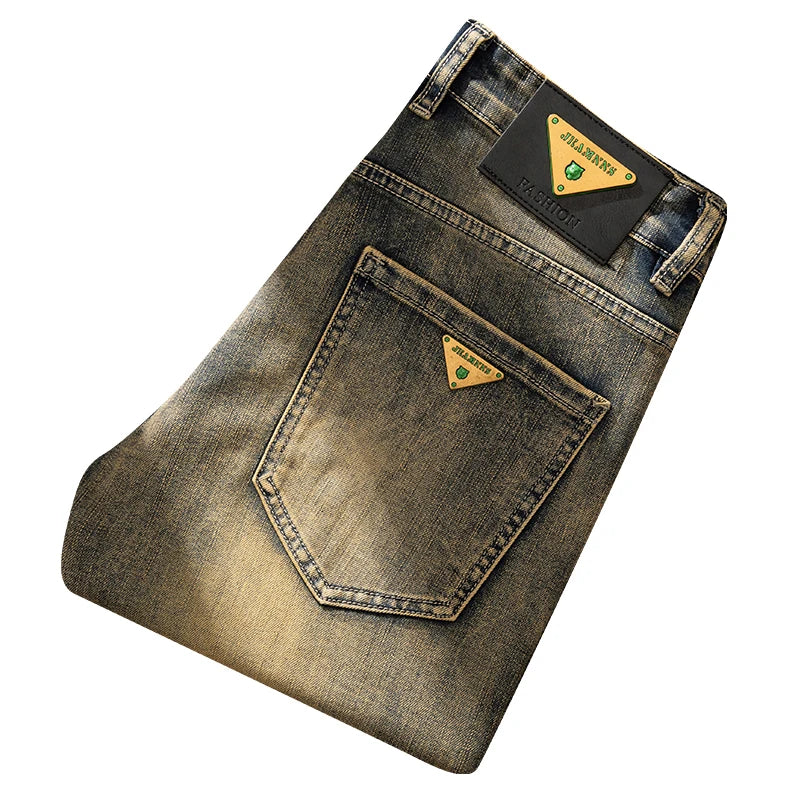 2026 European Trendy Brand Yellow Mud Jeans Men's Retro Old Slim Fit Fashion Long Pants Autumn and Winter Thick Pants