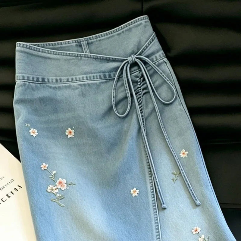 Side Slit Denim Long Skirts Womens Summer Vintage Floral Embroidery Jeans Pencil Skirt Bandage High Waist Women Long Skirt