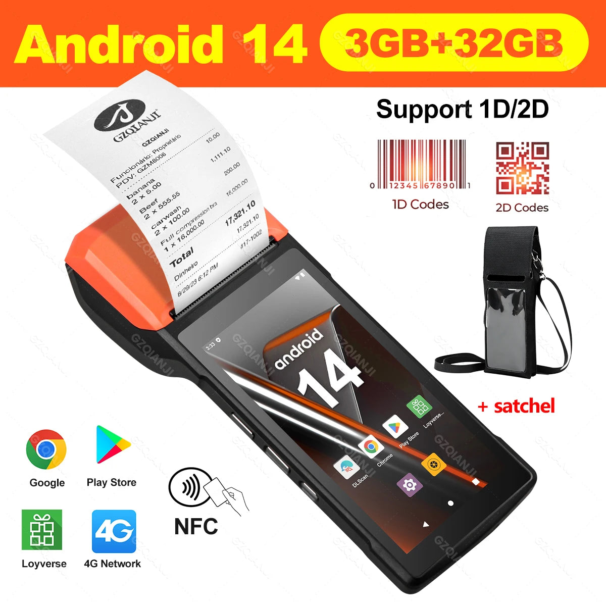 4G Android 14 Upgrade POS Terminal with NFC Handheld Thermal 58mm POS Printer 1D 2D Barcode Scanner All in One for Business