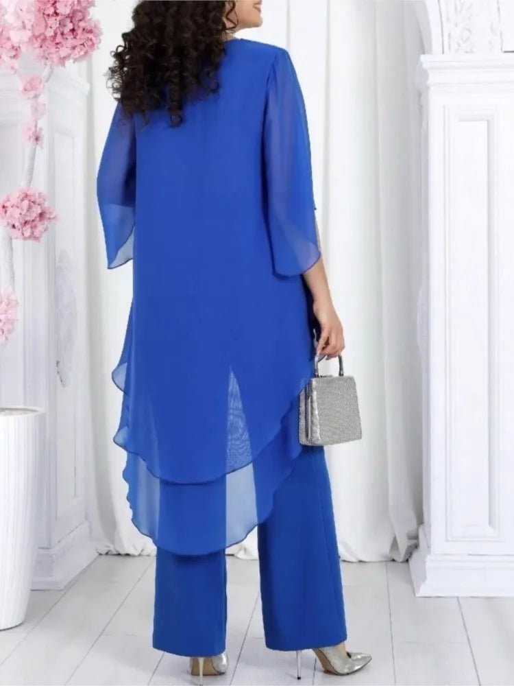 Women's Solid Chiffon Two Piece Sets Spring O-neck Mid-Sleeve Layered Ruffled Edges Long Top & Straight-leg Pants Sets Outfits