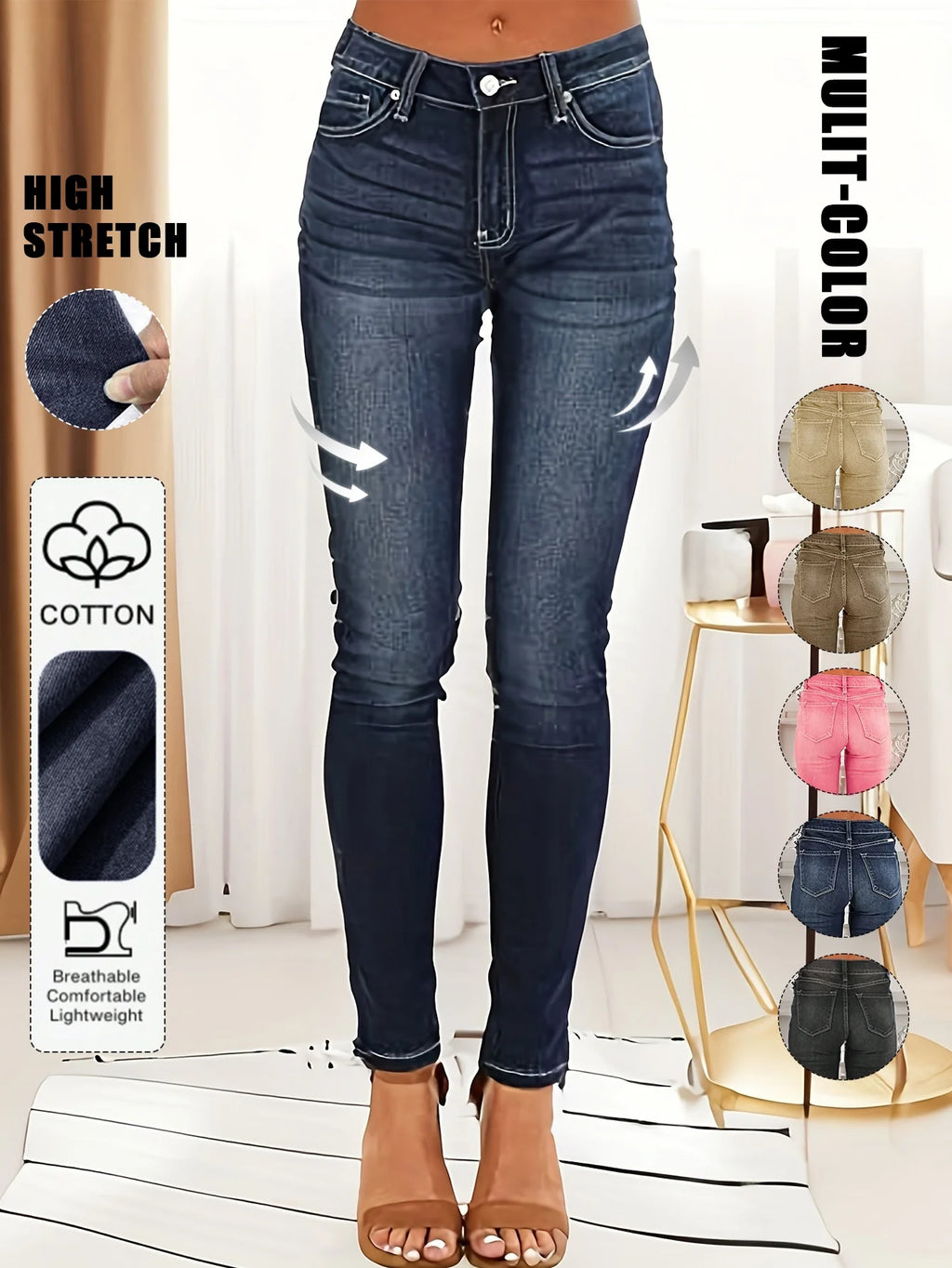 Women's Fashionable Elegant Casual Versatile Washed Cat's Whisker Pattern Skinny Fit Denim Jeans for Daily Wear