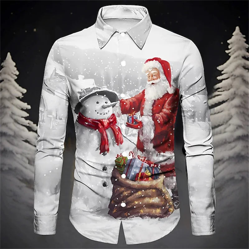 Christmas men's Santa Claus print shirt daily wear for going out autumn and winter lapel long sleeve navy blue, blue, sky blue
