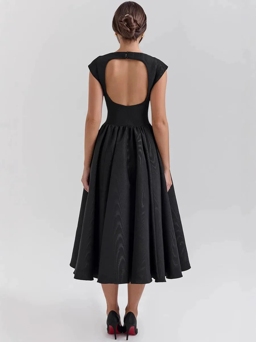 Summer Women Backless A-line Sexy Maxi Dress Gown Solid Hollow Out Sleeveless High Waist Club French Style Pleated Dress