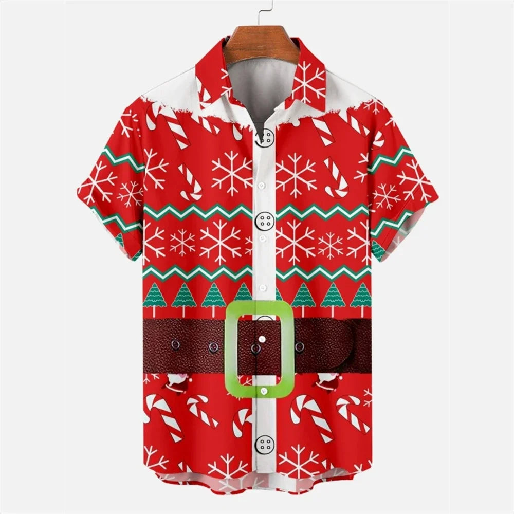 New Christmas Graphic Santa Claus Cosplay Men Shirts Hawaiian Harajuku Tops Short Print Tee Lapel Fashion Holiday Clothing