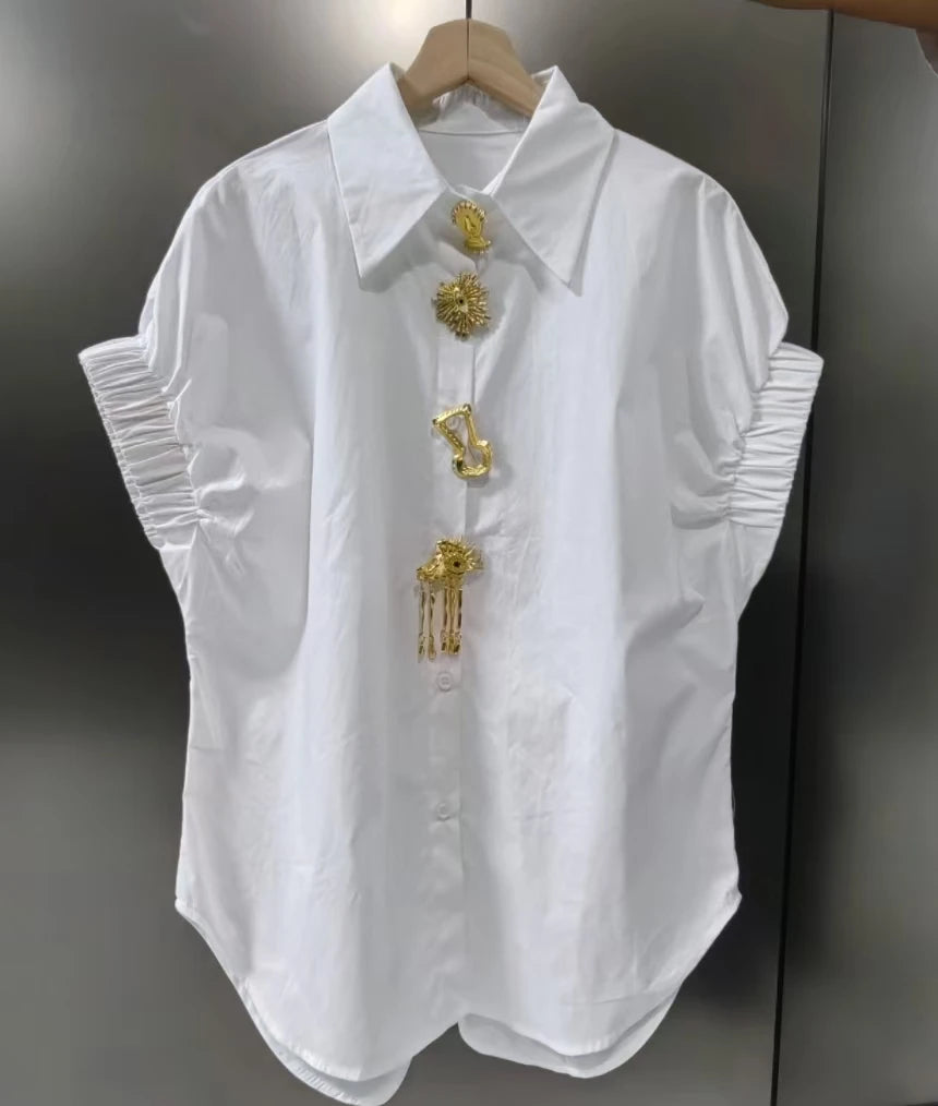 Luxury Design Removable Sequins Blouses Shirts Women 2026 Summer Trend Short Sleeve Black White Tops for Women рубашка женская