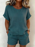 2026 Summer New Women's Solid Color Casual Crew Neck Short Sleeve Top & Shorts 2-Piece Outfit Set