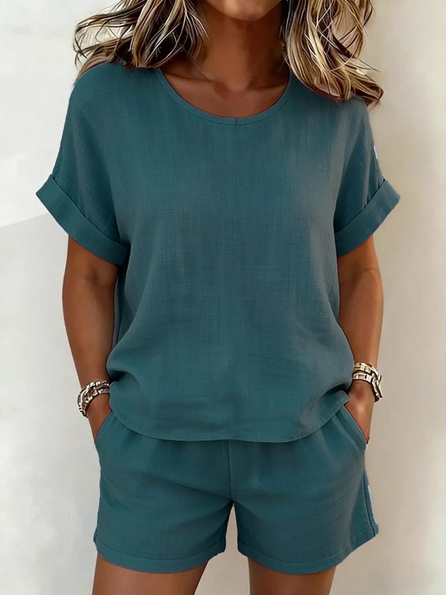 2026 Summer New Women's Solid Color Casual Crew Neck Short Sleeve Top & Shorts 2-Piece Outfit Set