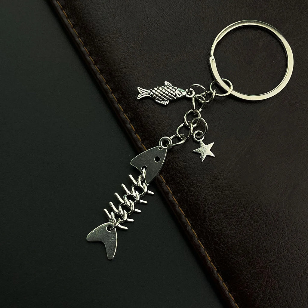 Key Chain Fish Cute Bag Charm Keyring for Car Fishbone Star Punk  DIY Handmade Jewelry Gifts