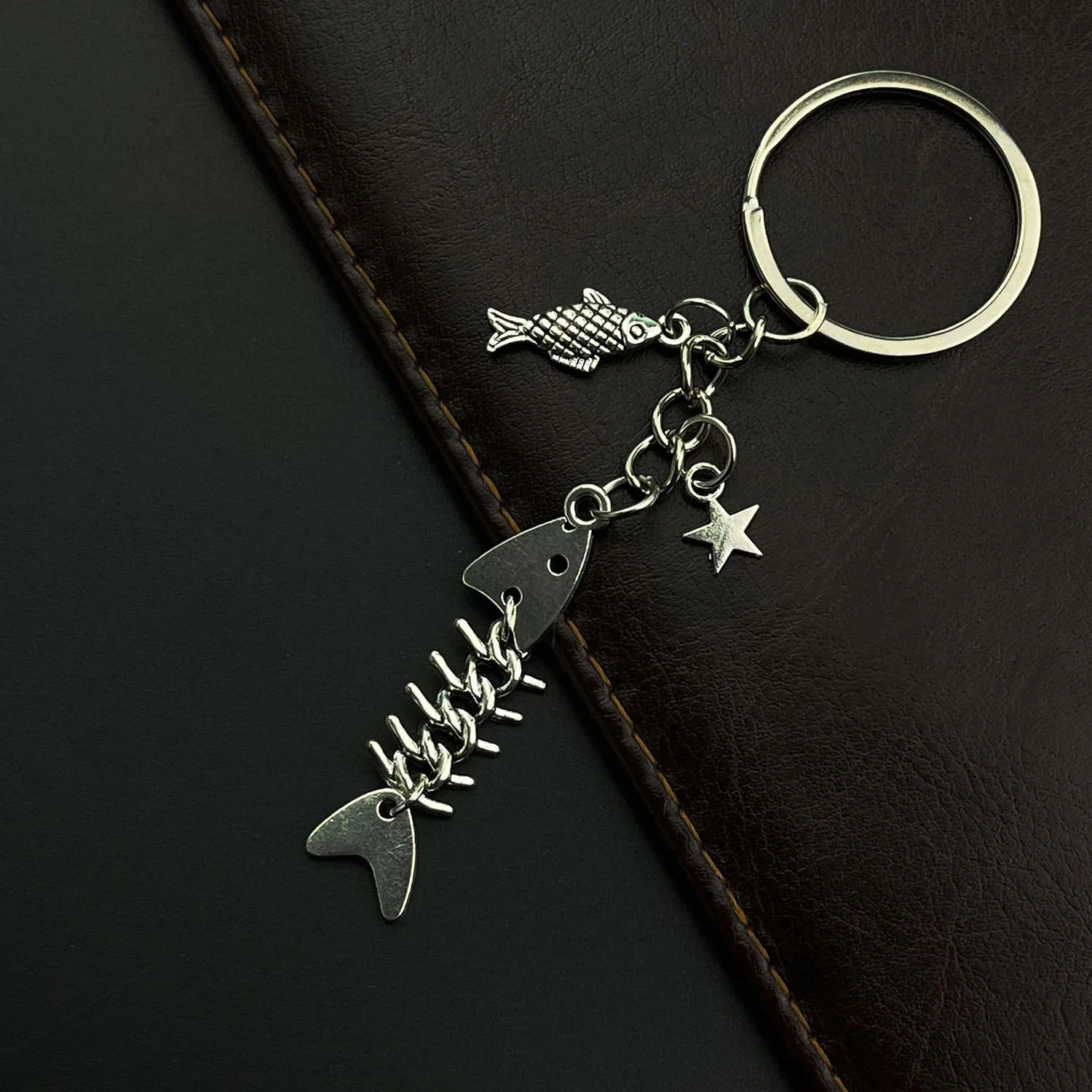 Key Chain Fish Cute Bag Charm Keyring for Car Fishbone Star Punk  DIY Handmade Jewelry Gifts