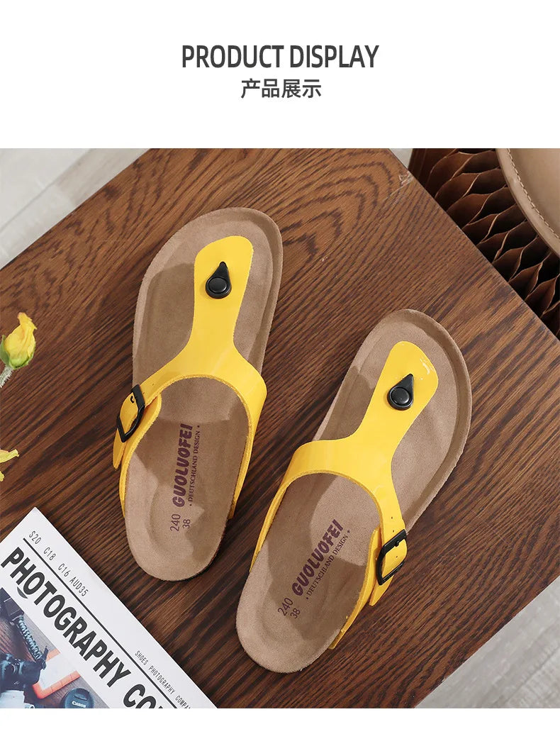 New Cork Sandals for Women Open Toe Beach Slippers with Adjustable Buckle Women Flats Leather Cork Footbed Flip Flops