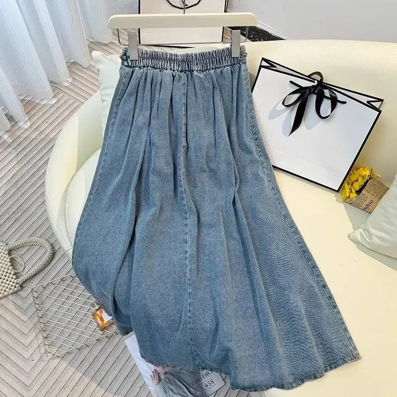 Denim Skirts Women Mid Length Skirt A Line High Waist Slim Fit Pleated Casual Elegant Splice Y2k Streetwear Work 2026 Spring