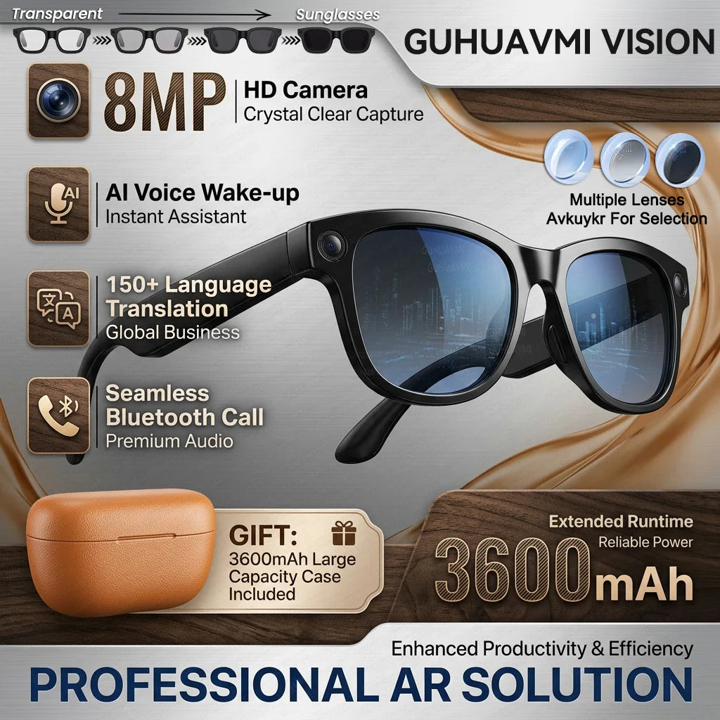 2026 AI Smart Glasses With 8MP Camera AI Voice Contorl Photo Recognition Shooting Video 150+Translation Photochromic Glasses Men