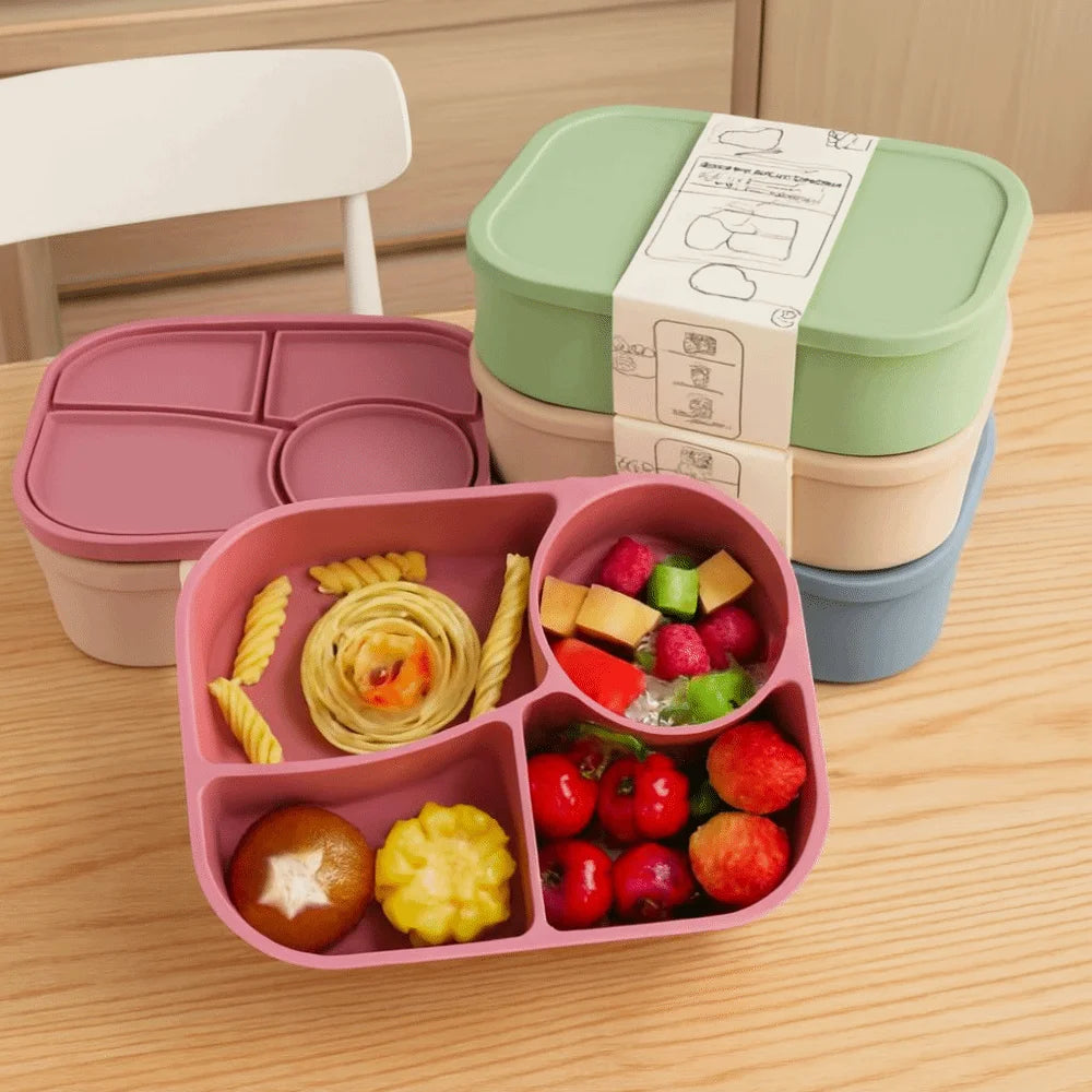 Rectangular Silicone 4 Grid Lunch Box Heat Resistant Leak Proof Lunch Container With Compartments Microwavable Food Box School