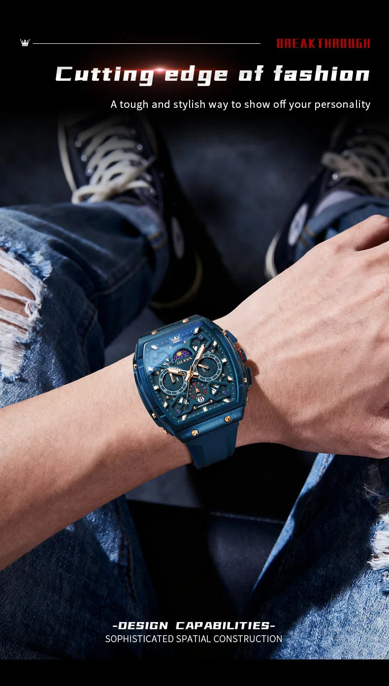 OLEVS 2942 Men Watch Automatic Calendar Waterproof Luminous Moonphase Watch Top Brand Tonneau Large Dial Hollow Men Quartz Watch
