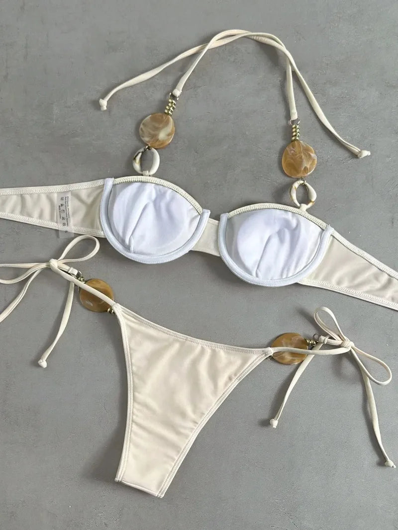 New Women's Sexy Halter Neck Backless Bikini Set Two-Piece Swimwear Solid Color Euro American Style Summer Beach Fashion