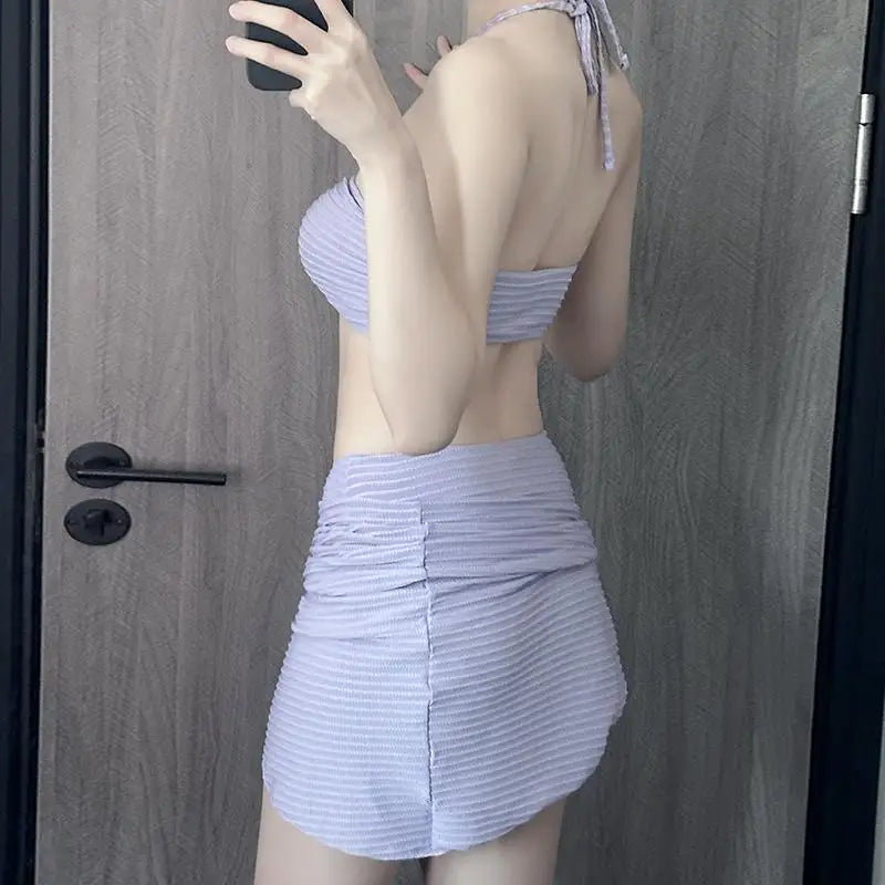 Women's New Purple Bikini Tee-piece Skirt Sle Hanging Ne Swimwear Small Chest Belly Cover Sexy Vaion Hot Spring