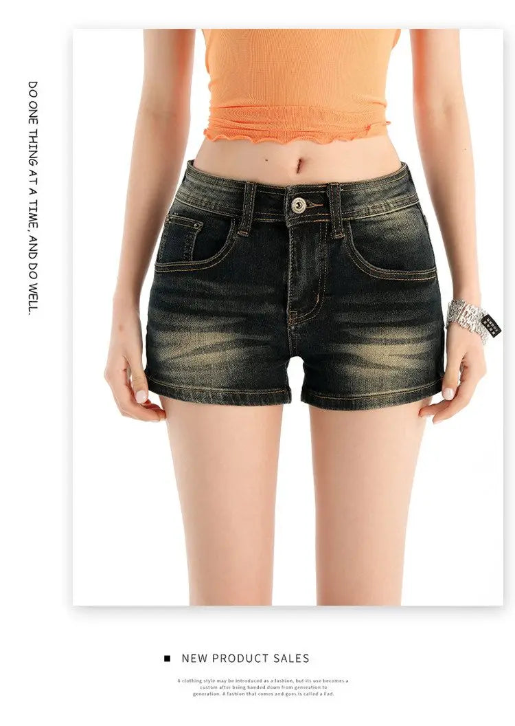 Retro Blue Grey Slimming Elastic American Style Hot Girl Summer New Mid Waist Jeans Shorts Women Casual Basic Style Denim