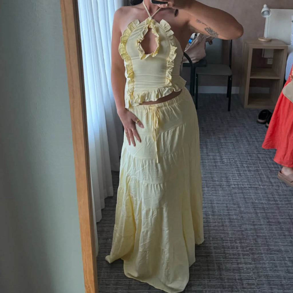 Women Summer Boho 2 Piece Maxi Skirt Sets Y2k Sexy Halter Ruched Cami Tops Tiered Flowy Ruffle Skirts Holiday Beach Outfits