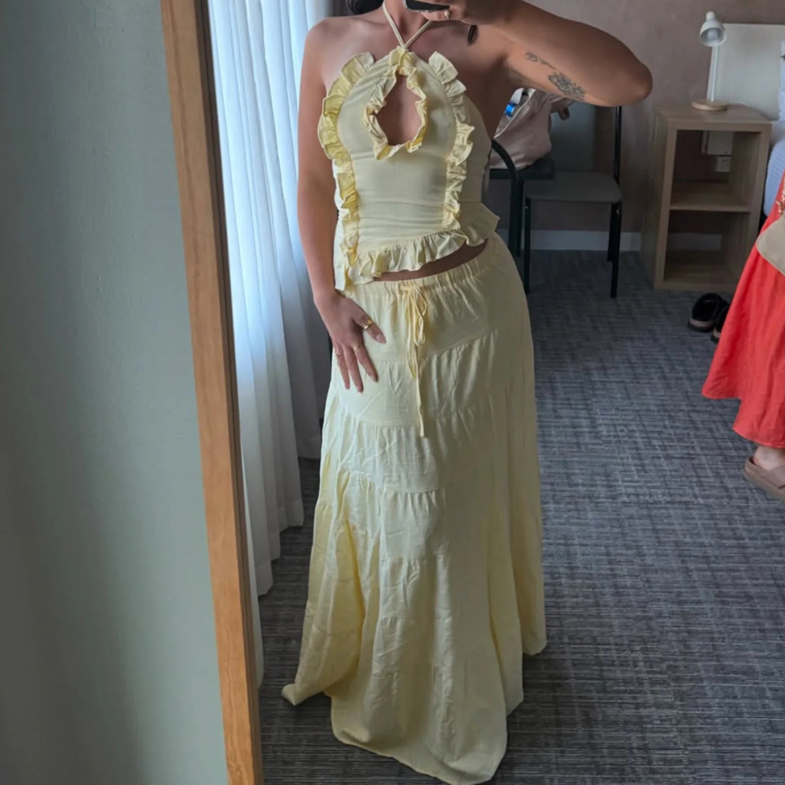 Women Summer Boho 2 Piece Maxi Skirt Sets Y2k Sexy Halter Ruched Cami Tops Tiered Flowy Ruffle Skirts Holiday Beach Outfits