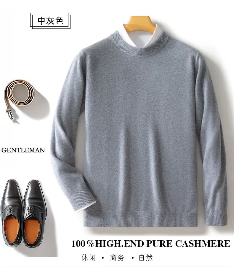 100% wool men's round neck solid color loose knit cashmere pullover for business and leisure, keeping warm in autumn and winter
