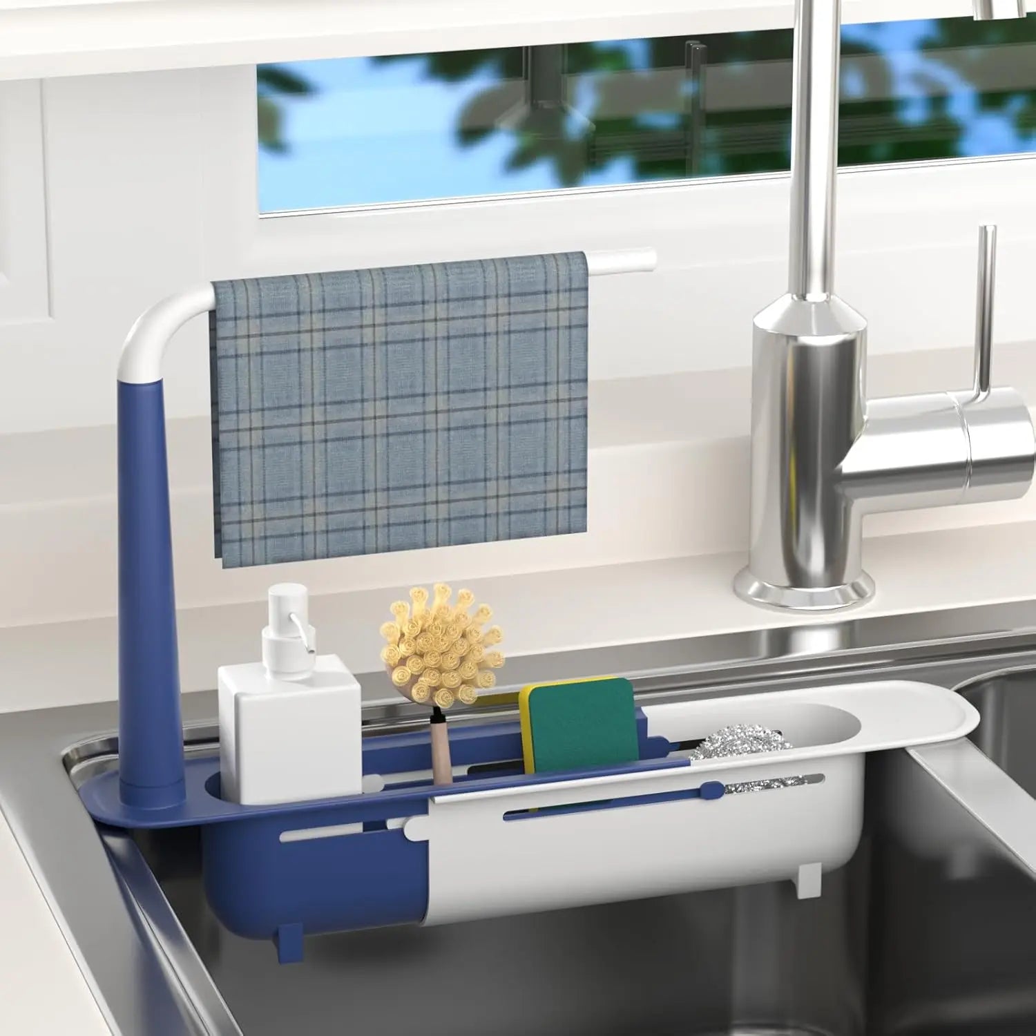 Multipurpose Sink Organizer Rack Telescopic Design with Two Sponge Holders Keeps Kitchen Counter Dry Neat for Cleaning Storage