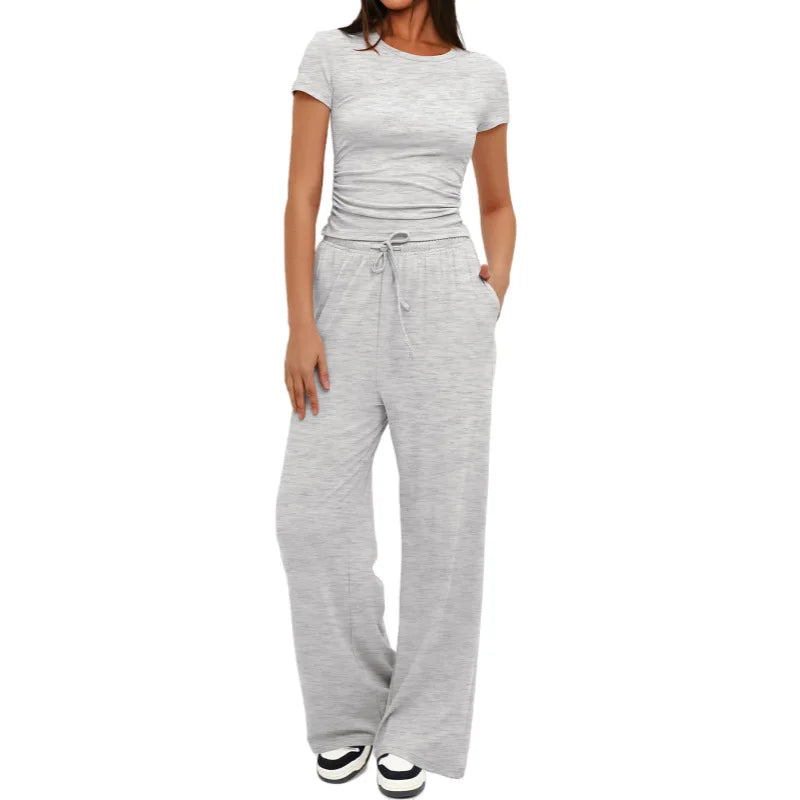 Women's Summer Solid Loose Casual Tracksuit Two Piece Set O Neck Short Sleeve T Shirt Wide Leg Pants Sportswear