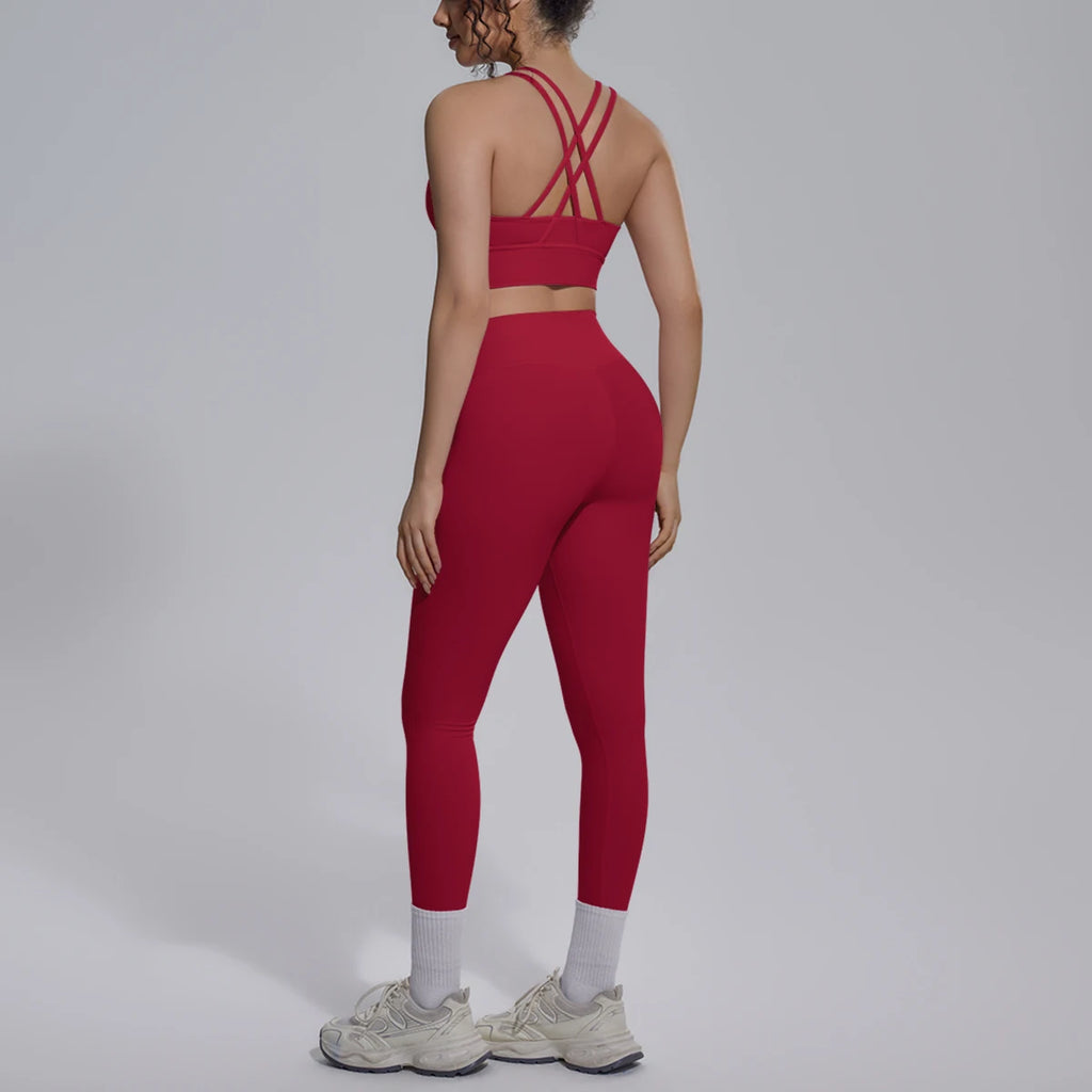 2PCS Yoga Set Summer Gym Sports Running Yoga Clothing Solid Color Cross Bra Workout Top High Waisted Quick Drying Fitness Pants