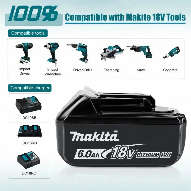 100% Original Makita Battery, 18V 6.0Ah Rechargeable Battery, Replacing Makita BL1830B L1840B L1850B L1860B, Power Tool Battery