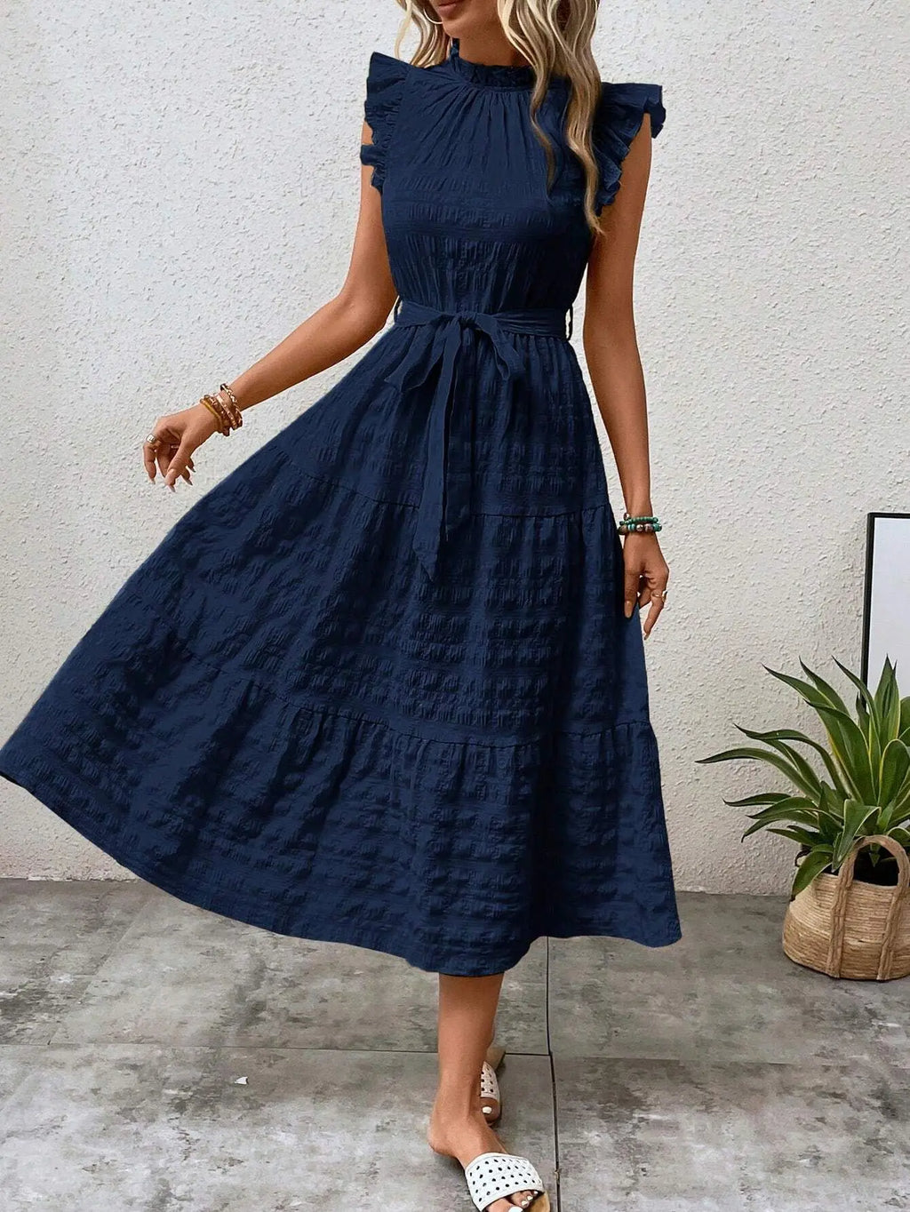 Elegant Women's Summer New Fashion Wooden Ear Edge Flying Sleeve Lace Up Texture Dress Purple  Sleeveless Lace Up Long Dresses