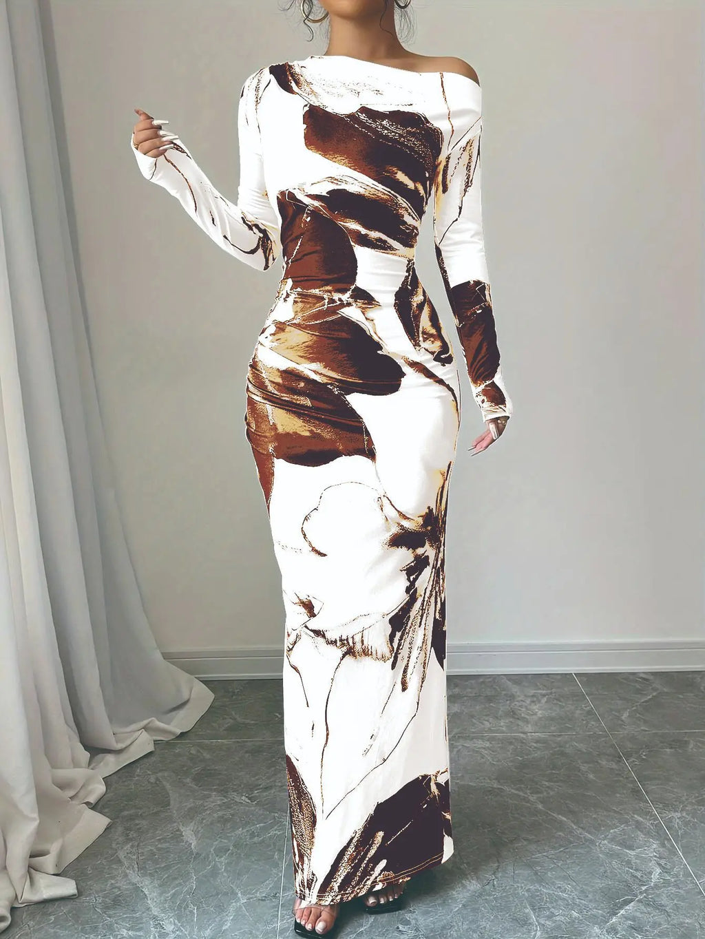 European and American 2025 Autumn New Printed Long Skirt Temperament Slim Long Sleeve Dress